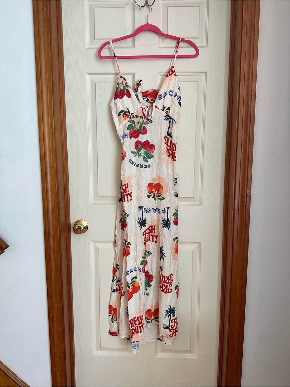Linen Tie Back Fruit-Print Maxi Slip Dress with Spaghetti Straps - Picture 2 of 8